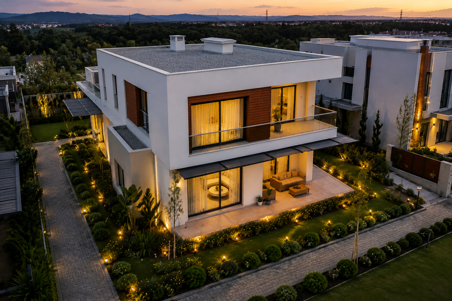 MOP signature villa — aerial dusk view